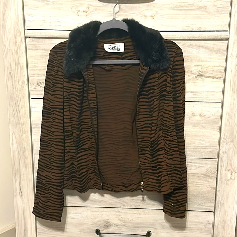 Brown/Black Striped Jacket with Black Fur Neck